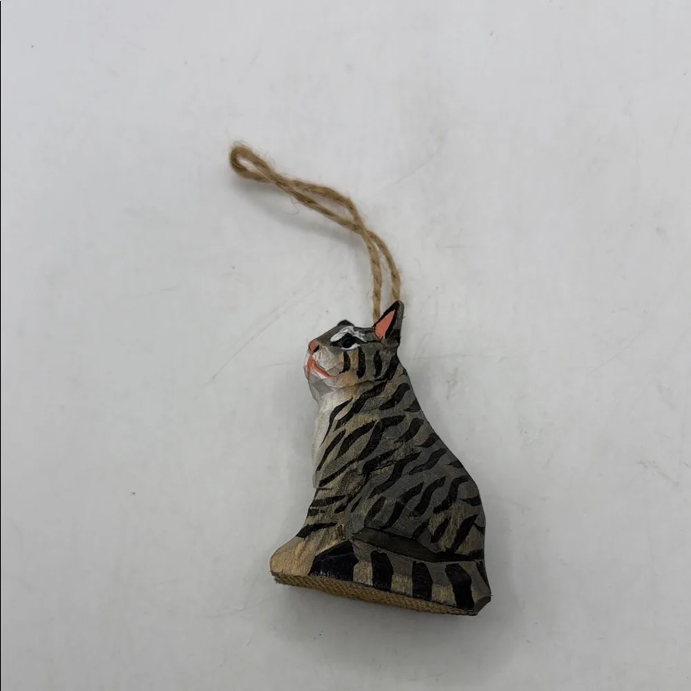 Vintage Handcrafted Painted Tabby Cat Christmas Ornament Collectible Decor Gray